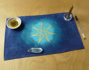 Travel size Altar Cloth,  Elven Star, Heptagram Blue Green Linen, small, Pagan, OOAK