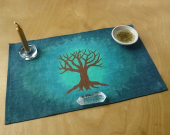 Made to order: Travel Altar Cloth, Green, Small Linen, Pagan, dyed and printed to order