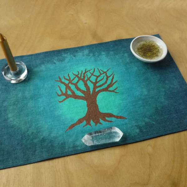 Made to order: Travel Altar Cloth, Green, Small Linen, Pagan, dyed and printed to order