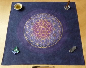 Flower of Life - Tree of Life, Altar Cloth, Purple, Blue , Linen, Kabbalah