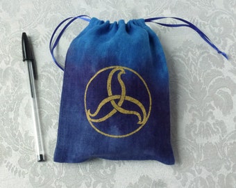 Drawstring bag for Runes, Tarot, Crystals, Handdyed and Hand Printed, Linen, OOAK