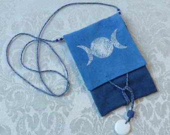 Wearable Linen & Silk Amulet Bag Hand-dyed Hand-painted Triple Moon OOAK necklace pouch Blue (J-4)