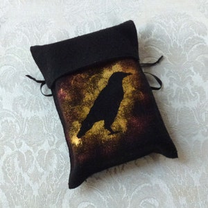 Silk Tarot Card Bag Black, Gold, Hand-painted Crow
