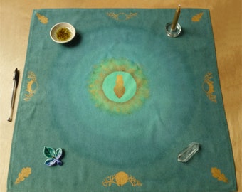 Gaia, Goddess Altar Cloth, Green, with Moon phases, silk