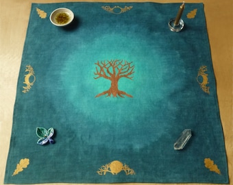 Tree of Life Altar Cloth, Green, with Moon phases, linen