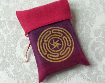 Silk Tarot Card Bag Hand-dyed Hand-painted Hekate's Wheel, Red, Gold, OOAK