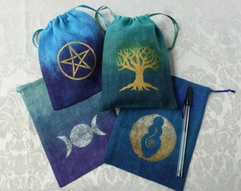 Drawstring bag for Runes, Tarot, Crystals, Hand-dyed and Hand Printed, Linen, OOAK