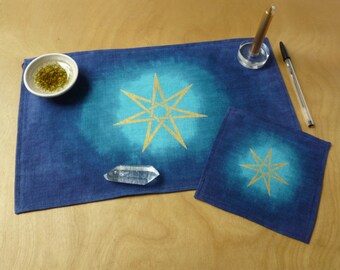 Travel size Altar Cloth,  Elven Star, Heptagram Blue Green Linen, small or mini, Pagan, OOAK