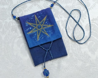 Wearable Silk Amulet Bag Hand-dyed Hand-painted Faerie Elven Star OOAK necklace pouch Blue Gold (O-1)