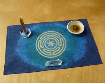 Made to order: Travel Altar Cloth, Blue, Small Linen, Pagan, dyed and printed to order