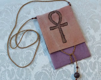 Wearable Linen & Silk Amulet Bag Hand-dyed Hand-painted Egyptian Ankh OOAK necklace pouch (U-1)