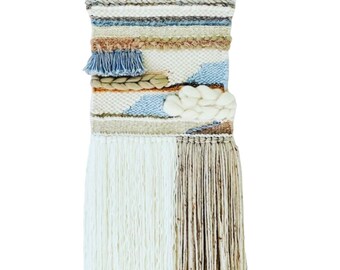 Wall decor Handwoven Fibre Art Wall Hanging: Neutral & Soft Blue, Oak Dowel