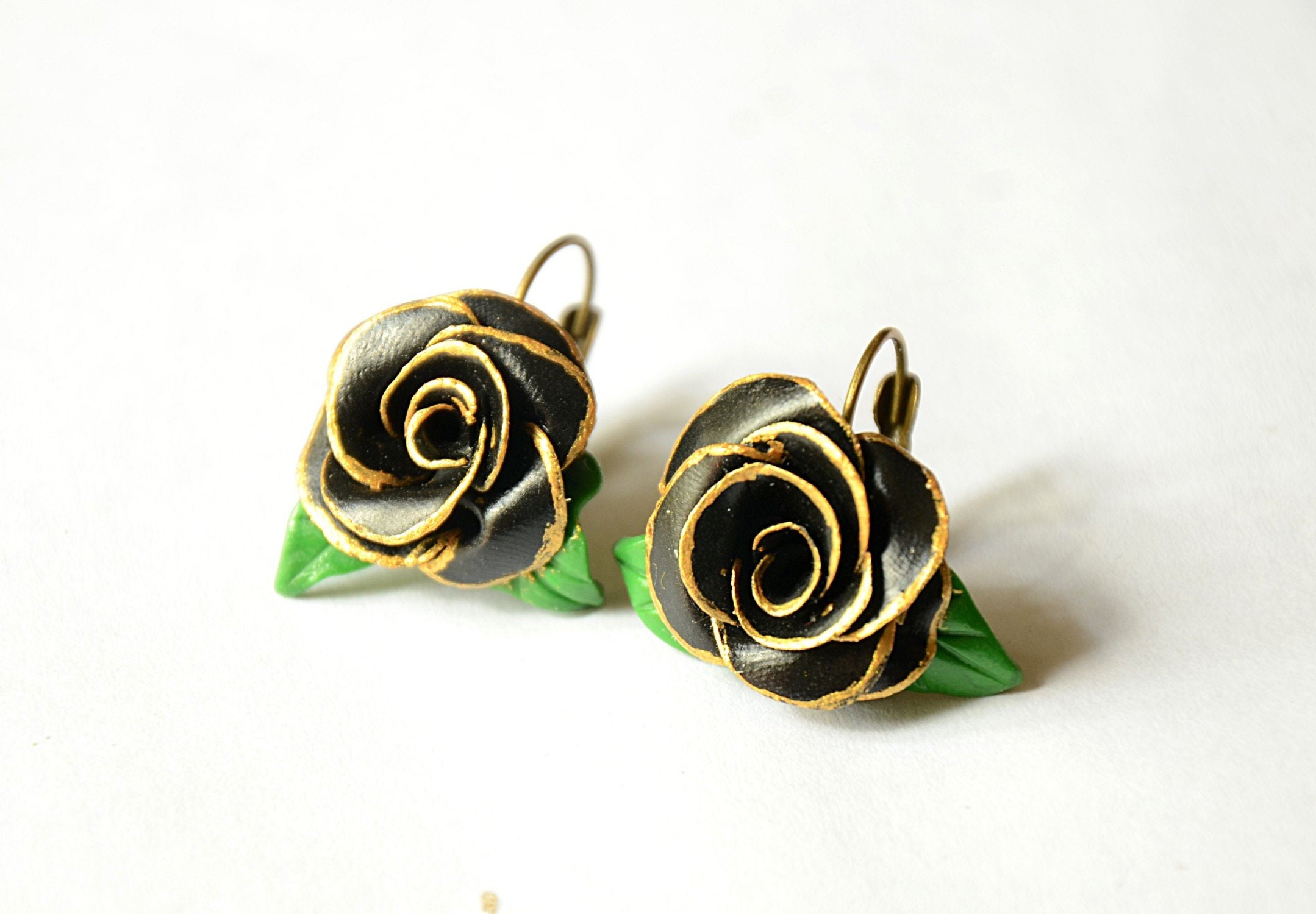 Black Rose Earrings Black Floral Earrings Dangle Rose Etsy