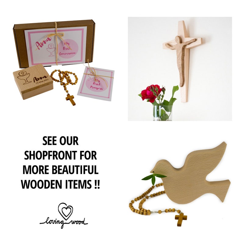 May include: Wooden dove with olive branch in its beak, a rosary, and a wooden cross. The dove is a symbol of peace and the rosary is a Catholic prayer tool. The cross is a symbol of Christianity. The dove is a light brown color and the rosary is a dark brown color. The cross is a light brown color. The dove is on a white background. The text "loving wood" is written in black cursive on the bottom of the image.
