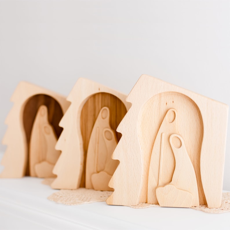 Modern Nativity made in one piece, Wooden Nativity with Holy Family handmade, small, unique image 1