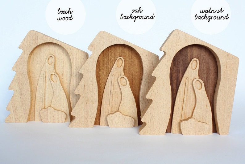 Modern Nativity made in one piece, Wooden Nativity with Holy Family handmade, small, unique image 5