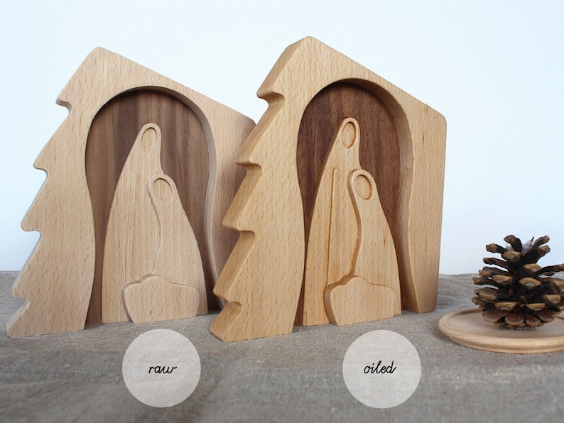 Modern Nativity made in one piece, Wooden Nativity with Holy Family handmade, small, unique image 4