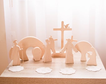 Modern Easter Nativity Set, Wooden Easter Scene, Easter Creche, Easter Decor, Wooden Resurrection Scene, Tomb, Risen Christ