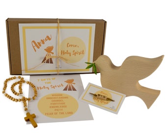Confirmation Gift Box | Personalized Confirmation Gifts | Wood Dove of Peace | Jesus Faith Bracelet | Wooden Rosary | Holy Spirits Gifts