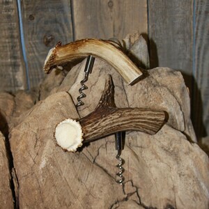 May include: Two antler wine bottle openers with a silver corkscrew. The antler is a natural brown color with a light brown tip.