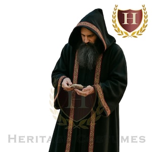 Adult Hooded Celtic Robe with Jacquard Trim – Medieval, Viking, Wizard, Sorcerer, Renaissance Cloak for LARP & Cosplay