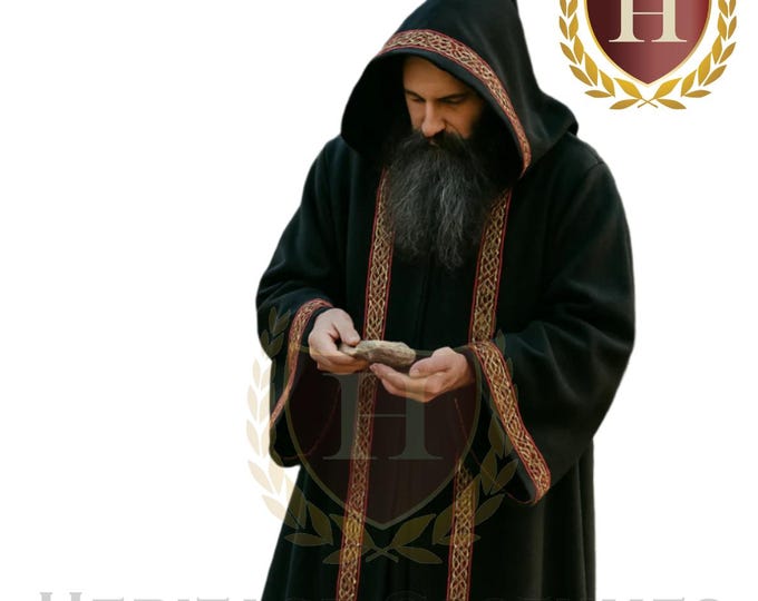 Adult Hooded Celtic Robe with Jacquard Trim – Medieval, Viking, Wizard, Sorcerer, Renaissance Cloak for LARP & Cosplay