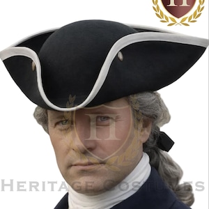 Colonial Tri-corner Hat (Black, W/Gold Braid Trim, W/ White Trim, or Brown)