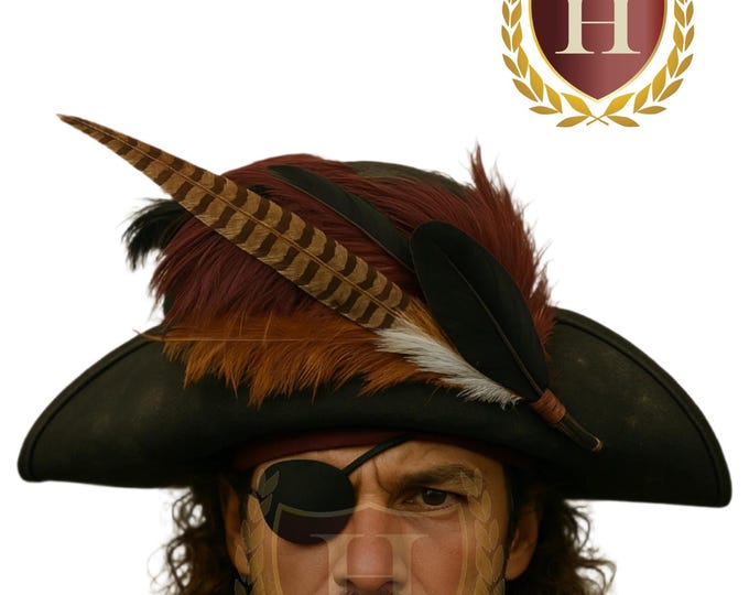 Blackbeard Pirate Hat – Weathered Faux Leather Hat with Feather Accent