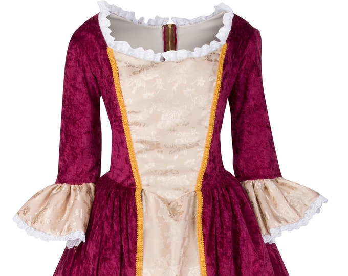 Women's Burgundy Velvet and Sand Satin Jacquard Colonial Dress