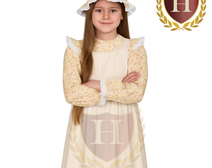 American Frontier Pioneer Girl Dress with Matching Bonnet and Apron