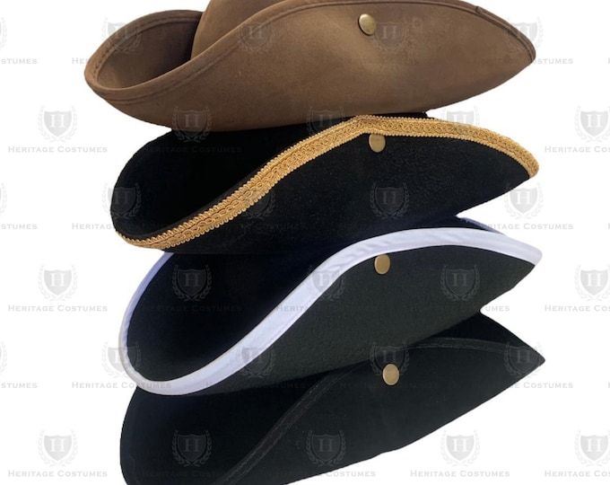 Colonial Tri-corner Hat (Black, W/Gold Braid Trim, W/ White Trim, or Brown)