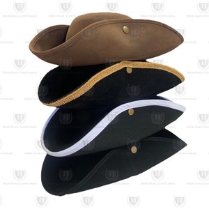 Colonial Tri-corner Hat (Black, W/Gold Braid Trim, W/ White Trim, or Brown)