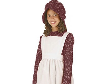 Children's Burgundy Flora Print Pioneer, Prairie, Colonial, Civil War, Historical Dress and Apron Set, Childrens-Young Adult Size 7-16