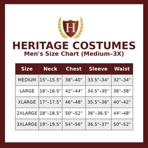 Może przedstawiać: Tabela rozmiar&oacute;w Heritage Costumes dla rozmiar&oacute;w od Medium do 3X, z bordowym logo tarczy z literą H. Tabela zawiera wymiary szyi, klatki piersiowej, rękaw&oacute;w i talii w calach dla każdego rozmiaru, przedstawione w przejrzystym układzie siatki.