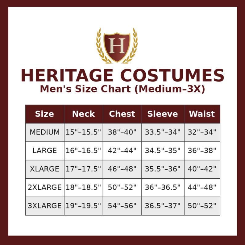 Może przedstawiać: Tabela rozmiar&oacute;w Heritage Costumes dla rozmiar&oacute;w od Medium do 3X, z bordowym logo tarczy z literą H. Tabela zawiera wymiary szyi, klatki piersiowej, rękaw&oacute;w i talii w calach dla każdego rozmiaru, przedstawione w przejrzystym układzie siatki.