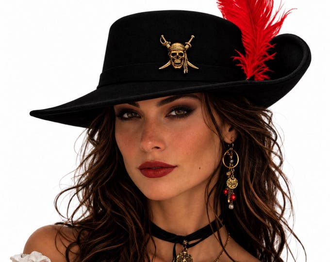 Women’s Flat Crown Pirate Hat with Feather