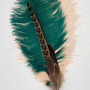 Op de afbeelding: Een groene en beige struisvogelveer met een bruine en zwarte fazantenveer bevestigd aan een zilveren en zwarte decoratieve pin.