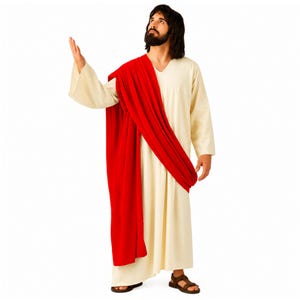 May include: A full-length cream-colored robe with long sleeves and a V-neckline, featuring a vibrant red sash draped diagonally across the torso from the right shoulder to the left hip. The garment is worn with brown open-toe sandals.