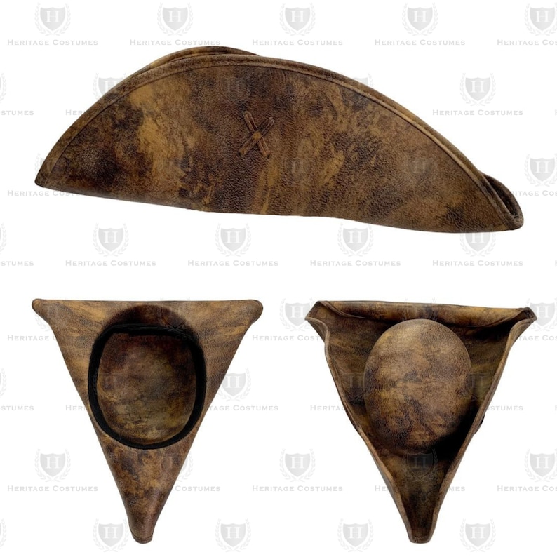 May include: A brown tricorn hat with a distressed leather appearance. The hat features a stitched cross design and is displayed from multiple angles, showcasing its triangular shape and interior.