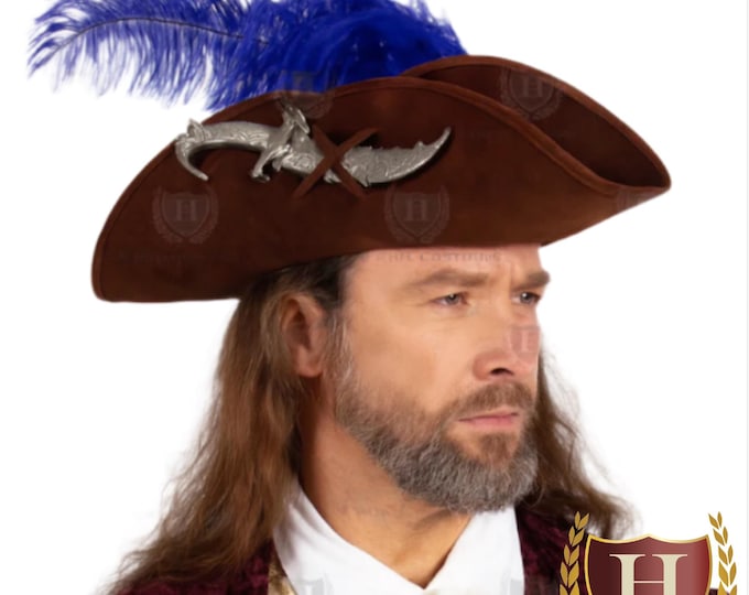 High Seas Buccaneer Tricorn Hat – Deluxe Pirate Hat with Feathers | Suede-Look Colonial Captain Hat