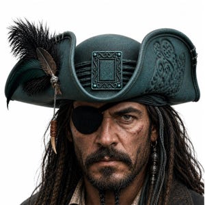 Puede incluir: Un sombrero de tres picos en color verde azulado oscuro con un emblema met&aacute;lico rectangular en la parte frontal, adornado con plumas negras y marrones, una cadena plateada y un dije en forma de diente. El sombrero tiene textura y relieves.