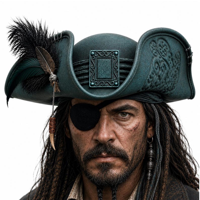 Puede incluir: Un sombrero de tres picos en color verde azulado oscuro con un emblema met&aacute;lico rectangular en la parte frontal, adornado con plumas negras y marrones, una cadena plateada y un dije en forma de diente. El sombrero tiene textura y relieves.