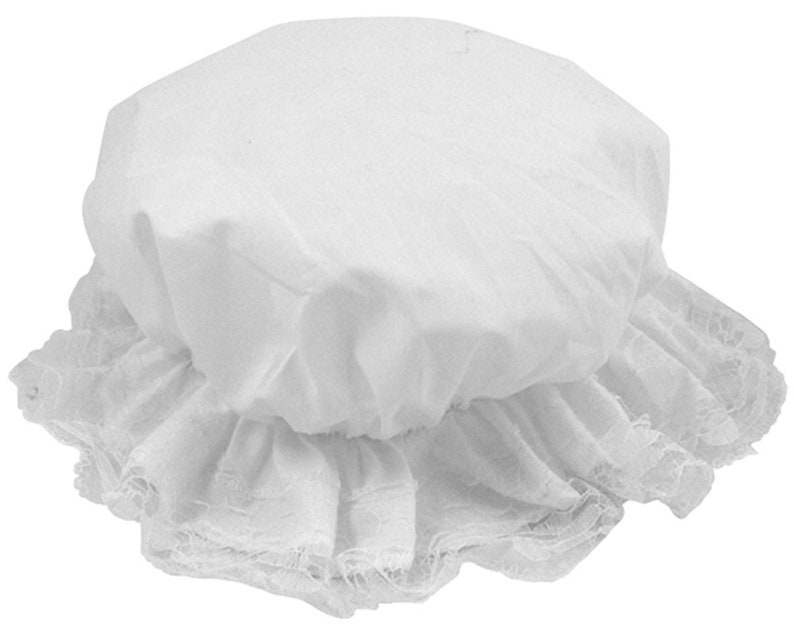 May include: A white fabric bonnet featuring a rounded crown and a gathered, ruffled lace-trimmed brim. The headwear is constructed from a solid white material with a delicate, semi-sheer lace border that encircles the entire edge of the brim.