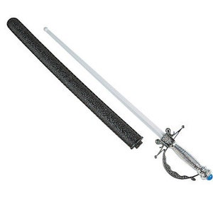 May include: A silver-toned rapier with a thin, straight blade and an ornate, detailed hilt featuring a blue circular accent at the pommel. The sword is accompanied by a long, black, textured scabbard that is positioned diagonally beside it.