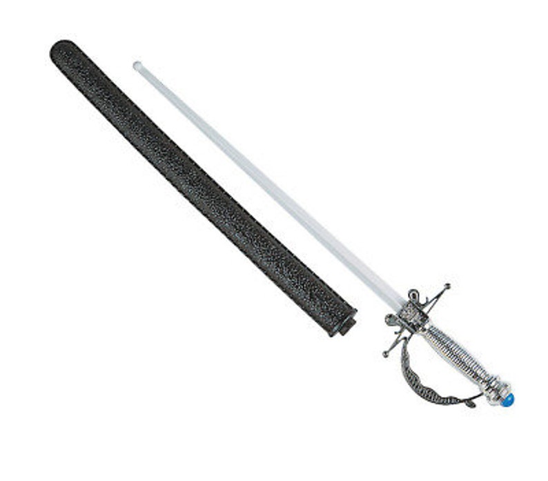 May include: A silver-toned rapier with a thin, straight blade and an ornate, detailed hilt featuring a blue circular accent at the pommel. The sword is accompanied by a long, black, textured scabbard that is positioned diagonally beside it.