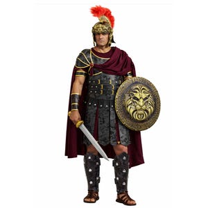 May include: A Roman-style costume featuring a dark gray textured breastplate, matching greaves, and arm guards. It includes a deep burgundy cape, a gold-toned helmet with a red plume, a sword with a gold hilt, and a round shield with a gold lion emblem.