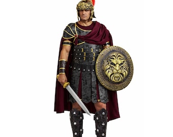 May include: A Roman-style costume featuring a dark gray textured breastplate, matching greaves, and arm guards. It includes a deep burgundy cape, a gold-toned helmet with a red plume, a sword with a gold hilt, and a round shield with a gold lion emblem.