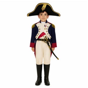 May include: A historical military-style costume featuring a navy blue tailcoat with red cuffs, gold epaulets, and brass buttons. It includes cream-colored trousers, a black bicorne hat with gold trim, a white sash, a medal, and a black sword accessory.