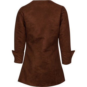 May include: A brown long-sleeve coat with a notched collar and folded cuffs. The coat has a slightly flared bottom and is made of a soft, suede-like material. The back view of the coat is shown.