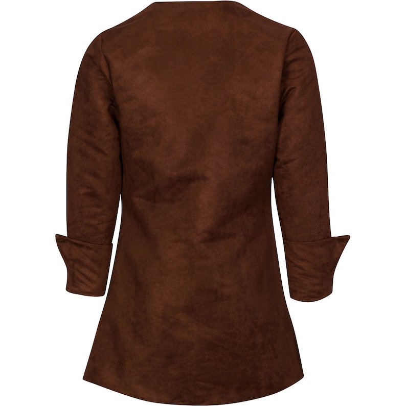 May include: A brown long-sleeve coat with a notched collar and folded cuffs. The coat has a slightly flared bottom and is made of a soft, suede-like material. The back view of the coat is shown.